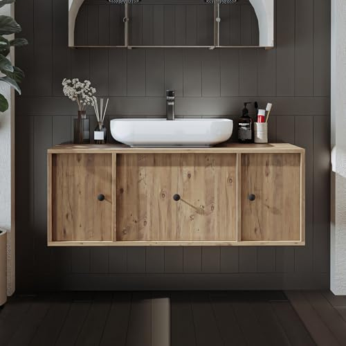 ROOMART Gusto - Set di mobili da bagno, 120 cm, 4 pezzi, con lavabo in ceramica (rovere, base con lavandino)
