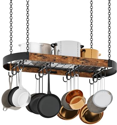 CHOEZON 80,5 cm hängande grytställ, platsbesparande grythängare för kök, takpanna hängande ställning med 16 avtagbara S-krokar, robust metallram, industriell stil, rustik brun och svart DTPR09BF