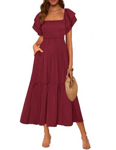 MASCOMODA Womens Summer Casual Midi Dress Square Neck Ruffle Short Sleeve Smocked High Waist A Line Wedding Guest Dresses(Wine Red,X-Large)