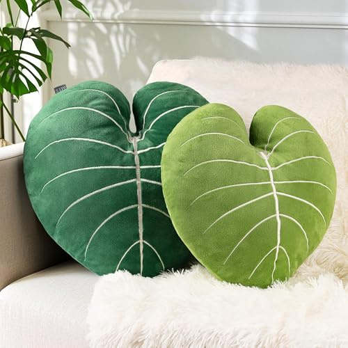 Tone Link. 3D Leaves Throw Pillows, 19& 18 Alocasia Frydek Soft Plush Pillow, Set of 2 for Living Room Bedroom Decor, Light Green & Dark Green