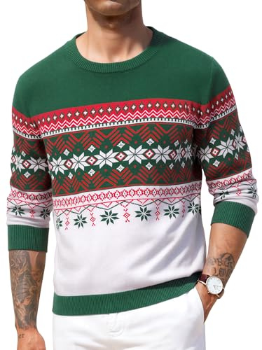 Crewhpo Jersey Navideño Hombre Suéter Navidad de Punto Manga Larga Invierno | Cuello Redondo, Jerséis Pullover, Renos, Copos de Nieve, Tacto Suave, Corte Regular, Sweater Cálido, Otoño Invierno