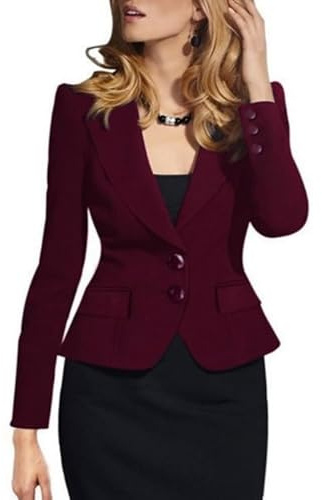 Elegante Blazer Mujer - Blazer Corto para Mujer Corte Entallado Chaqueta De Dos Botones Elegante para Oficina Trabajo Informal Cárdigan Abierto con Bolsillos para Traje Ropa De Abrigo Color Burdeos