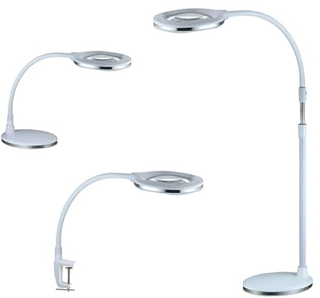 Multirex Lampe loupe LED 3 en 1 Socle Pince ou Pied réglable 60-110 cm, lentille 152 x 101 mm, 60 LED 12 W lumière du Jour, Couture Broderie Lecture Senior modélisme Bricolage