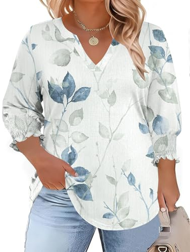 TFSDOD Plus Size Womens Clothing Three Quarter Sleeve Tops 3/4 Sleeve Woman Summer Tops for Women Blouses White Blue Floral 3X