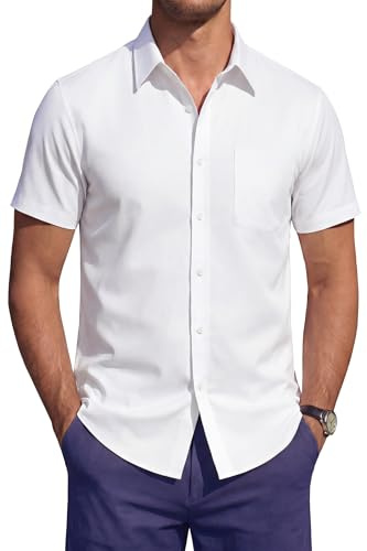 HISDERN Camisa Manga Corta Hombre Vestir Formal Elástica Sin Plancha Camisas de Verano Casual Trabajo Business Regular Fit con Botones y Bolsillo Blanco XL