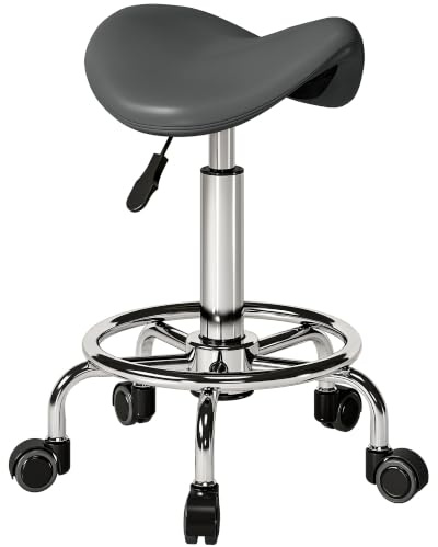 HOMCOM Saddle Stool PU Leather Adjustable Rolling Salon Chair for Spa Grey | Massage, Clinic, Beauty, Hairdressing, Tattoo