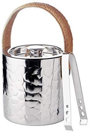 EDZARD Eiseimer Capri, Eiswürfelbehälter mit Deckel, Höhe 17 cm, Eiskühler hochglanzpoliertes Edelstahl mit dekorativer Hammerschlag-Optik (für Eiswürfel inkl. Edelstahl Eiszange)