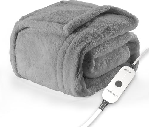 Sunbeam Royal Sherpa Foot Pocket Heated Throw Electric Blanket, 50 x 60, 4 Heat Settings, 4-Hour Auto Shut-Off, Warming Throw for Couch or Bed, Fast Heating, Machine Washable, Grey