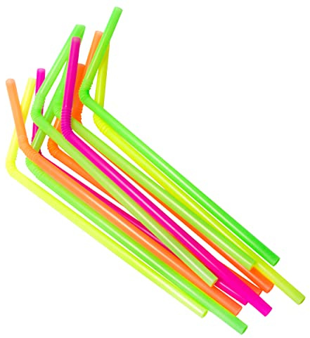 Jacent Flexible Disposable Drinking Straws, Bendable Plastic Neon Straws: 125 Count per Pack, Fun Bendy Kids Straws, Great For Summer Drinks, Crafts, Parties, And More