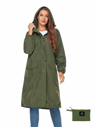 SaphiRose Women's Long Rain Jacket Waterproof Lightweight Hooded Raincoat Packable Knee Length Rain coat, Green, M
