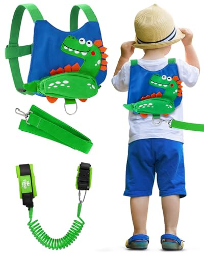 Lehoo Castle Baby Reins, 4 in 1 Toddler Reins for Walking 1-3 Years with Anti Lost Wrist Link, Reins for Toddlers Boys Girls with Safety Harness - Dinosaur Blue