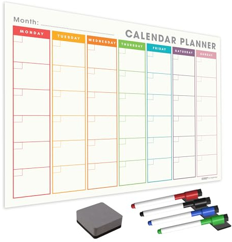WallTAC A2 Monthly Wall Planner Sticker with Whiteboard Pens | Made in the UK | Easy-to-Remove Dry Wipe Calendar or to Do List for Home and Office [42 x 60cm]