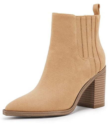 Coutgo Womens Slip on Booties Chunky Stacked Mid Heel Leather Pointed Toe Elastic Side Fashion Western Ankle Boots