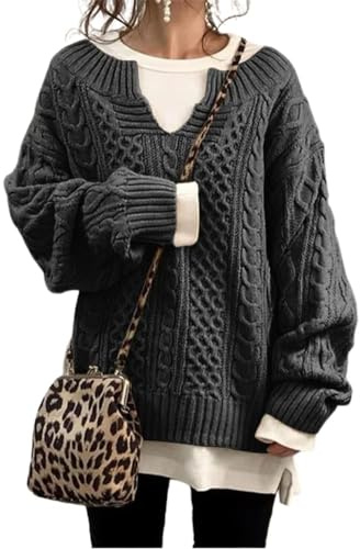 chouyatou Women's Winter Chunky V Neck Long Sleeve Loose Cable Knit Sweater Pullover (Large, Dark Gray)