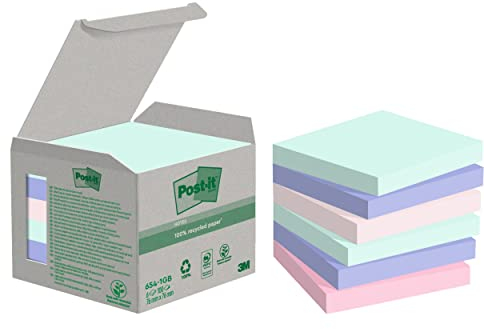 Post-it Recycling Notes, Assortierte Farben, Packung mit 6 Blöcken, 100 Blatt pro Block, 76 mm x 76 mm, Farben: Grün, Pink, Blau - Selbstklebende Notizzettel aus 100% Recyclingpapier