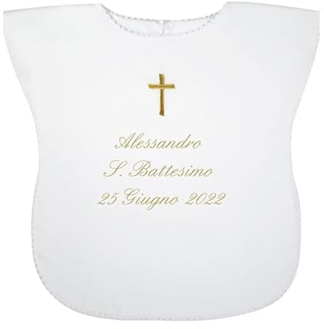 Coccole - Vestina da Battesimo Bimbo a Tema Croce Oro - Vestina per Battesimo Personalizzato con Nome e Data - Veste Bianca Battesimale in Tessuto Piquet Millerighe 100% Made in Italy