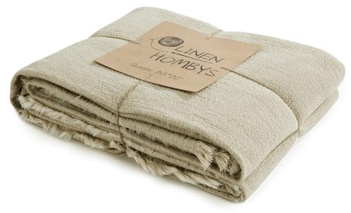 HOMBYS 88x92 Linen Queen Size Blanket-Soft Linen Reversible Throw Lightweight Blanket in Natural Color Bed Blanket (Flax Color, 88x92)