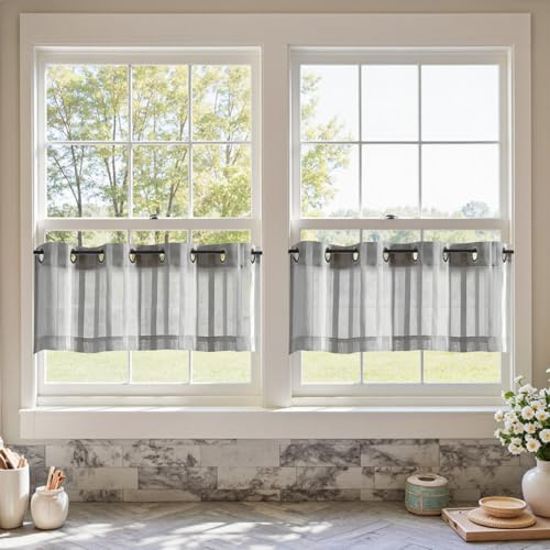 TOPICK Voile Net Curtains with Eyelets Bistro Curtain H35 x W 130 cm Set of 2 Grey