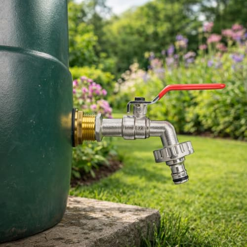 Solid brass water butt/rain barrel/tank threaded outlet adaptor/connector with 2 washers and nut,range of tap options (lever tap+quick connector)