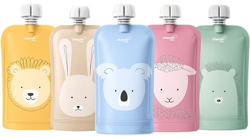 Cherub Baby Reusable Yogurt Pouches 5 Pack 150ml Leakproof Freezer Safe BPA-Free Squeeze Bags for Toddler Baby Snacks Reusable Easy Fillable Animal Printed Pouch for Homemade Smoothies Purees Yoghurt