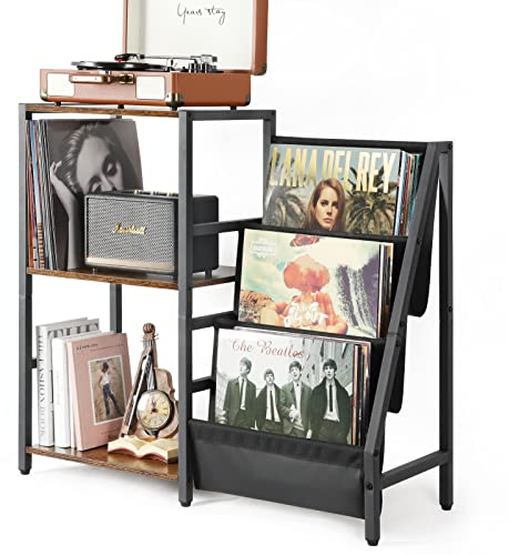 Bikoney Tourne Disque Vinyle Stockage, Platine Vinyle Table d’Appoint avec Stockage D'enregistrements en Vinyle à 3 Niveaux,Rangement Vinyle Jusqu'à 200 Albums,Support Vinyle pour Le Salon