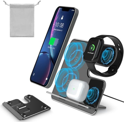 Qoosea 15W Qi Cargador Inalámbrico Rápido Stand, Qi Wireless Charger Estación Phone Fast Charge Holder para iPhone 16/15/14/13/12/11 Series/Samsung,für iWatch 9/8/7/6/SE/5/4/3/2, für AirPods Pro/3/2