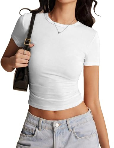 Risipu Women's Short Sleeve T-Shirts Crew Neck Slim Fit Tops Sexy Basic Tee Y2k Clothes 2026 (UK, Alpha, M, Regular, Regular, White)