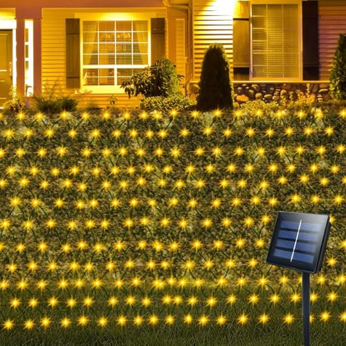 ZAIYW 3m x 2m Solar Net Lights Outdoor Garden, 200 LED Solar Powered Net Lights Green Cable, Auto On/Off Waterproof Mesh String Lights for Balcony Fence Garden Backyard(Warm White)