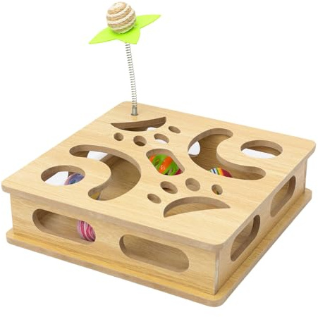 MUCAOL Interactive Wooden Cat Puzzle Toy Box Indoor Hunting Play Toy to Stimulate Your Cat’s Energy and Instincts (Burlywood)