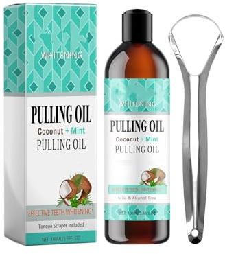 Enjuague bucal blanqueador - Aceite de extracción de coco y menta para manchas y salud de encías | Vea resultados antes y después | Set sin alcohol con raspador de lengua (100 ml)