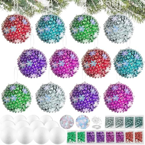 Cinrobiye 12 Set Christmas Tree Ornaments DIY Craft Kit Xmas Sequin Crafts with Foam Balls Sequins Christmas Tree Hanging Decor for Winter Holiday Xmas Tree