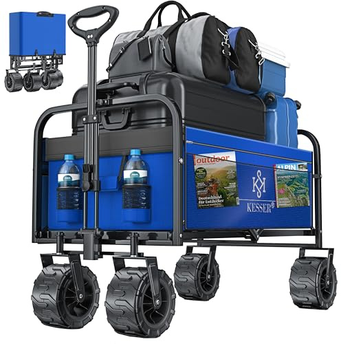 KESSER® carretilla plegable con capacidad máxima de hasta 150 kg con ruedas de goma maciza extra anchas | carretilla de mano | carro de herramientas con 2 bolsas de malla y bolsillo lateral |