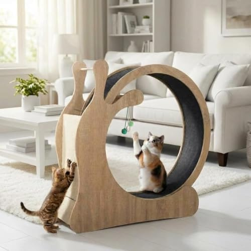 Garvee Rueda de ejercicio para gatos – Cinta de correr grande de 95 cm para gatos de interior, rueda silenciosa de madera con alfombra extraíble y tabla de rascar, gimnasio profesional para pérdida de