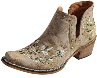 Generisch Bottes western pour femme avec broderie florale et talon | Chaussures à talon haut, style vintage traditionnel, adaptées pour les fêtes populaires et les fêtes de famille en plein air