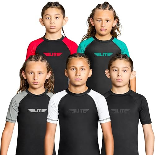 Elite Sports Rash Guards für Jungen und Mädchen, kurzärmelige Kompression, BJJ Kinder und Jugendliche Rashguard - Grau - XX-Large