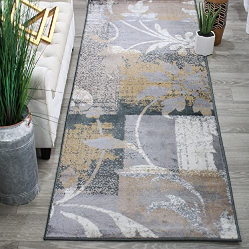 SUPERIOR Indoor Area Rug with Jute Backing, Perfect for Living Room, Hallway and Bedroom. Hardwood Floor Decoration Pastiche Contemporary Floral Patchwork Carpet, 2.7 ft. x 8 ft., Camel