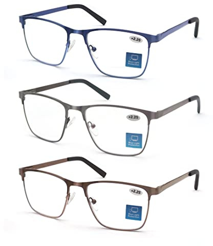 MODFANS Un Pack de 3 Gafas de Lectura Hombres Anti Luz Azul,Rectangular Metal Acero Inoxidable - Lente Clara,Vision Clara - Ligeras Comodas,Colores Gris Marron Azul