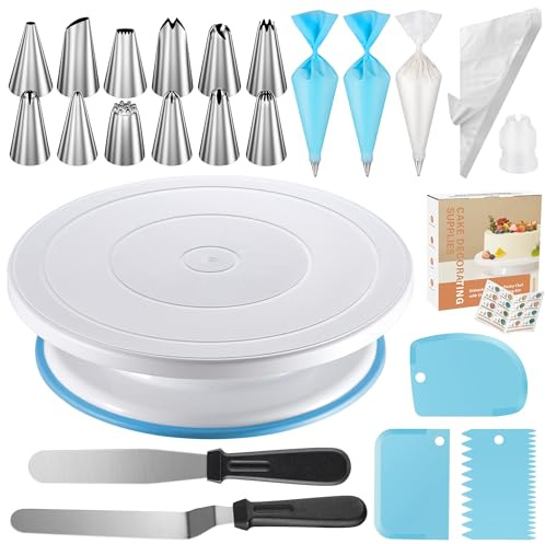Kootek 71PCs Cake Decorating Kit, Baking Supplies Tools - Includes Cake Stand Turntable, 12 Icing Piping Tips Set, 2 Frosting Spatulas, 3 Scrapers, 50+2 Piping Bags, Coupler, Video Tutorial, Booklet