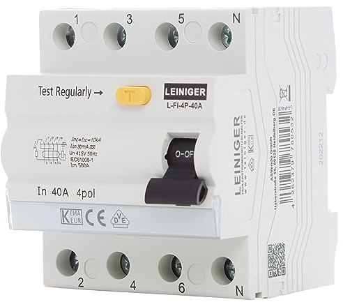 LEINIGER/Fehlerstromschutzschalter/Fehlerstrom-Schutzschalter/FI-Schalter/RCD / 2-Polig / 4-Polig / 25A / 40A / 63A / 30mA / Typ A/VDE zertifiziert (4-Polig 25A)