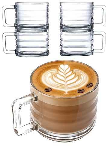 Stackable Glass Coffee Mugs Set of 4 (250cc/8.5oz). Fully Tempered Tea and Latte Glasses, Ribbed Glasses, Cappuccino Cups, Coffee Glasses, Glass Mugs for Hot Drinks with Handles