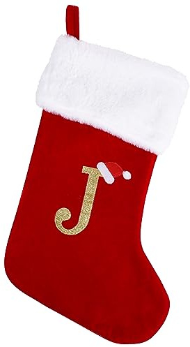 Sailup 20 Inches Monogram Christmas Stockings with Letters, Large Super Soft Christmas Stockings Red Velvet with White Super Soft Plush Cuff for Christmas Xmas Tree Holiday Fireplace (J)