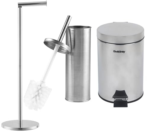 Beldray COMBO-9039 Bathroom Accessories Set – 3 Piece With 3L Soft Close Waste Pedal Bin, Toilet Brush & Holder, Freestanding Toilet Roll Holder, Stiff Bristle Cleaning Brush, Stainless Steel Finish