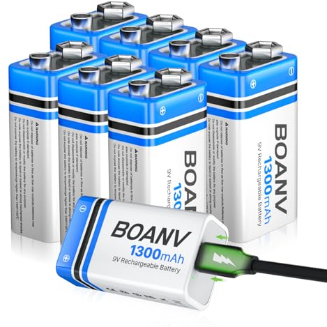 8 Pack 9V Rechargeable Batteries 1300mAh, 9V Rechargeable USB Lithium Long Lasting Battery, with 2 in 1 Charging Cable, for Smoke Detectors, Alarms, Keypad, Microphone