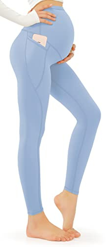 JOYSPELS Women's Maternity Leggings Over Bump with Pockets Soft Belly Support Yoga Pants Workout Pregnancy Gym Leggings UK Light Blue S