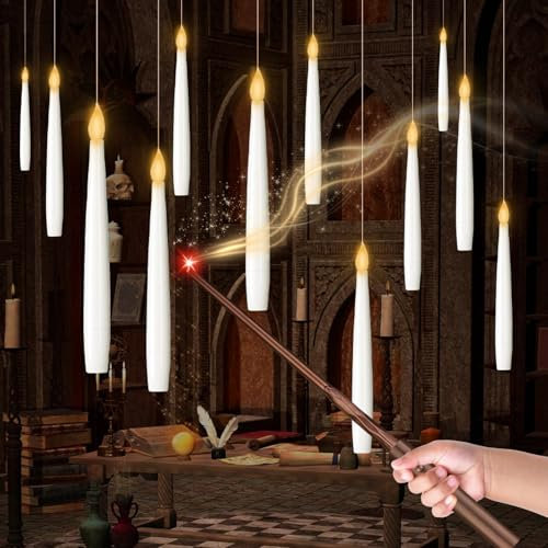 FainFun Schwebende Kerzen, 12 Stück LED Stabkerzen mit Fernbedienung, Schwebende LED Kerzen mit Zauberstab, Schwebende Kerzen mit 6-Stunden-Timer für Halloween, Weihnachten, Hochzeitsdekoration