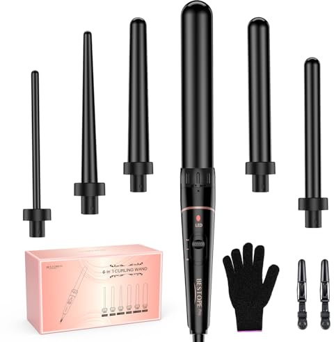 Long Barrel Curling Iron Wand Set, BESTOPE PRO 6 in 1 Curling Wand Set with Ceramic Barrel for Long/Medium Hair, 0.35-1.25 Interchangeable Hair Wand Curler, Dual Volts, Include Glove & Clips - Black