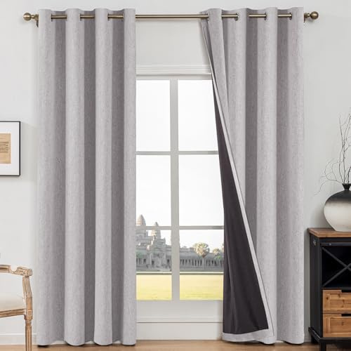 CYCMACO Mörkläggningsgardiner 2 Stycken, 140x145cm, Gardiner För Vardagsrum I Imiterat Linne, Värmeisolerande Gardiner För Inomhusbruk, Ljudabsorberande Med Ringar, För Sovrum, Ljusgrå
