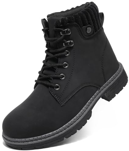VTASQ Walking Boots Womens Winter Ankle Waterproof Fur Lined Leather Walking Lace Up Zipper Lightweight Outdoor Ladies Warm Shoes Non Slip Mid Calfs Black 6UK