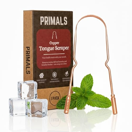 PRIMALS Copper Tongue Scraper - Fresher Breath & Improved Oral Health - Natural Ayurvedic Cleaner for Daily Detox - Rust-Resistant, Eco-Friendly with Travel Cloth Pouch Included (1 Count)