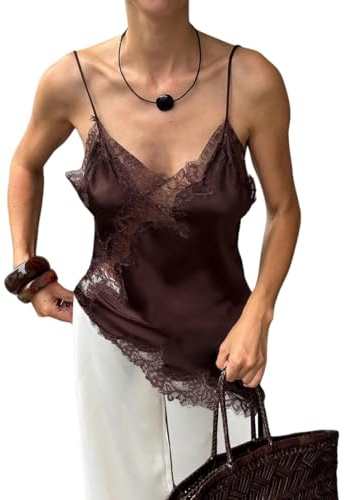 Alaurbeauty Top Camisole da donna senza maniche in raso e pizzo con spalline sottili, orlo asimmetrico in seta e canotte asimmetrica Streetwear
